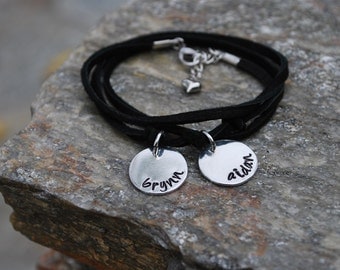 Leather Wrap Hand Stamped Bracelet - Mom Jewelry - Children's Names Gift - Stacking Bracelet - Personalized Jewelry