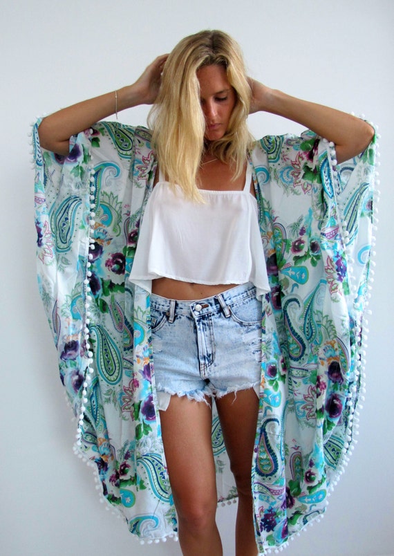 Pom Pom Kimono Aqua & Lime Paisley Print Pom Pom Kimono