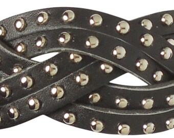 Bracelet - Black Leather Braided Silver Tone Studded Bracelet