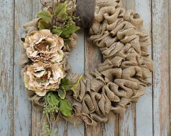 Wreath with Beige Peony flowers--Burlap Wreath--Grapevine Wreath--Rattan Wreath-Wreath with Earth Tone Flowers and Accents-Year Round Wreath