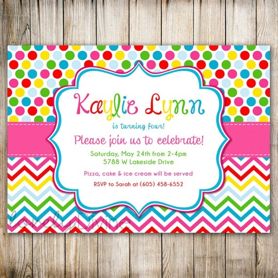 Rainbow Birthday Invitation Polka Dots chevron 1st Birthday