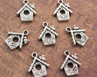 10 Bird House Charms Birdcage Pendants Antiqued Silver Tone 14 x 20 mm