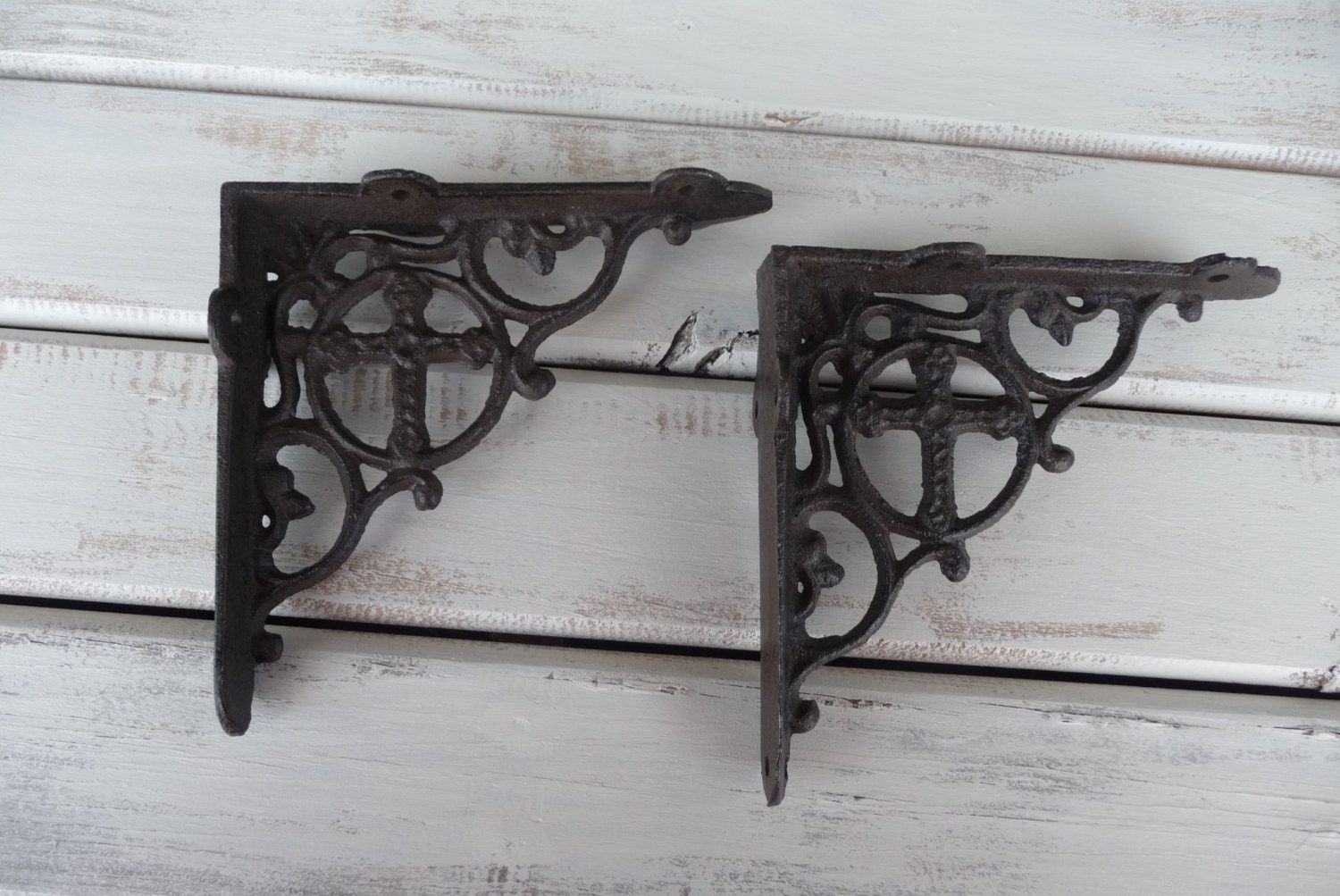 Set of 2 CROSS Shelf Brackets Distressed White Or Cast Iron