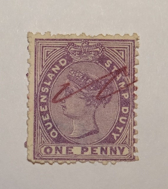 1879 Antique QUEENSLAND STAMP DUTY One Penny Postage by speshals