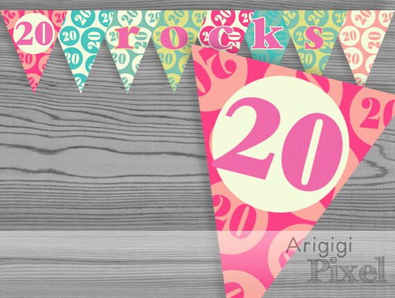 20 rocks birthday banner, printable birthday party decoration, girls 20th birthday, Pdf file instant download, ready to print and cut, DIY Il_570xn