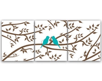 Aqua Bedroom Decor, Home Decor Art, INSTANT DOWNLOAD Love Bird Prints, Aqua and Brown Bathroom Wall Art Set of 3 Art Print - HOME77