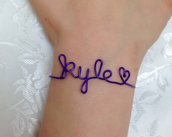 Name bracelet, Personalized bracelet, wire name bracelet, wire name, bangle bracelet, bangle, name, purple name bracelet, purple name