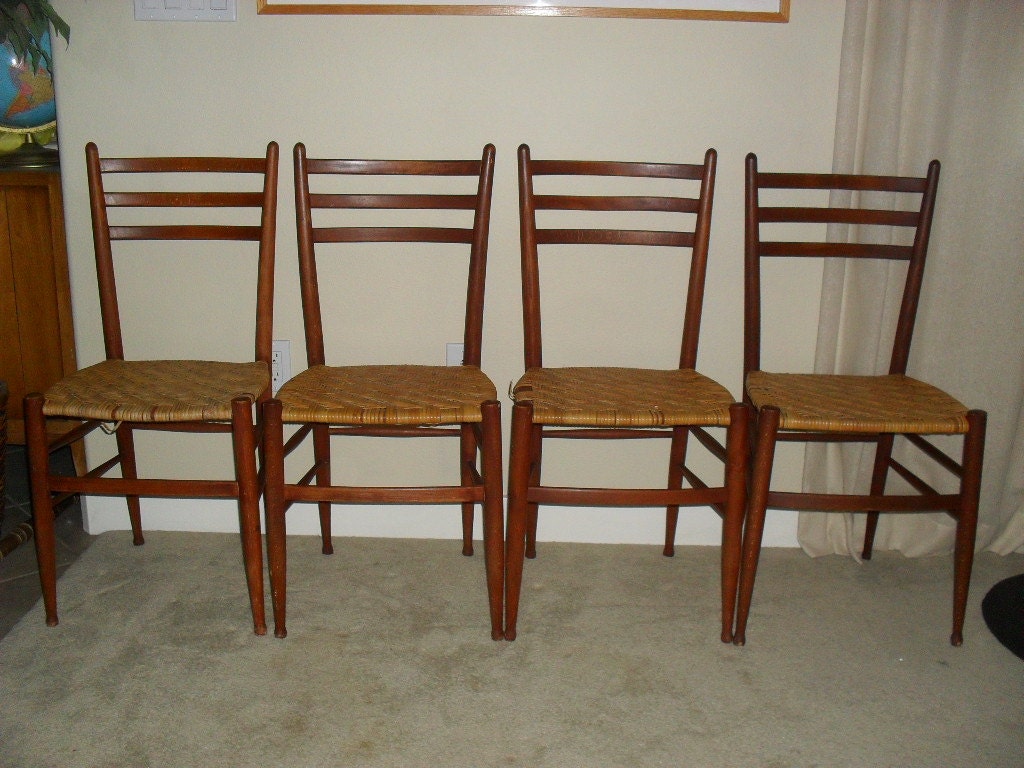 Set of 4 Mid Century Modern Ladderback Woven Seat Chairs Gio Ponti