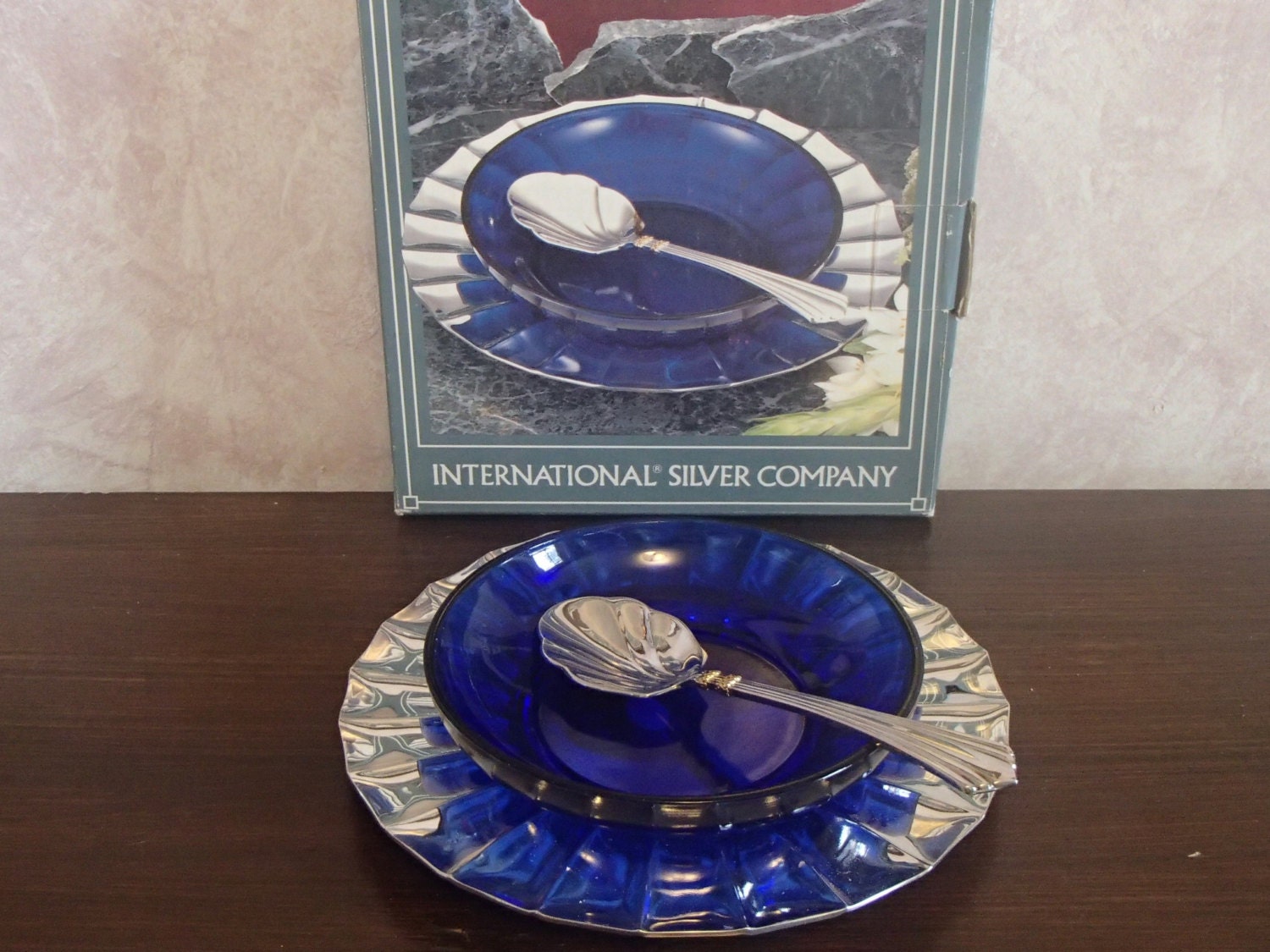 Cobalt Blue Jam Bowl on a Silverplated Plate with Spoon in Original Box