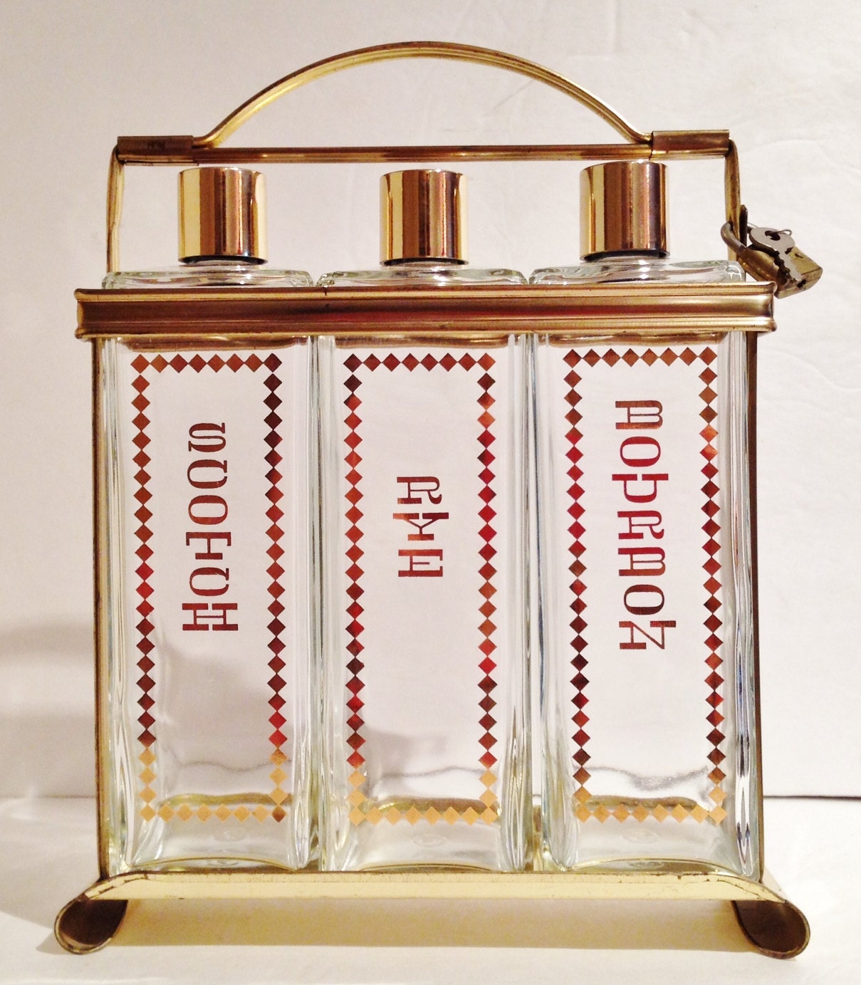 Vintage Locking Liquor Decanter Set W Scotch Rye Bourbon