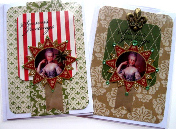 2 Marie Antoinette Holiday Greeting Cards - Blank all occasion Christmas Yule - Handmade Card