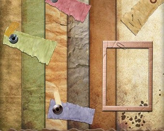 Grunge Distressed Paper - Cardboard Frame, Clip, Rivets, Grommets, Tags, Tape, Staples - 12x12 - for Scrapbooking Journal and Paper Crafts
