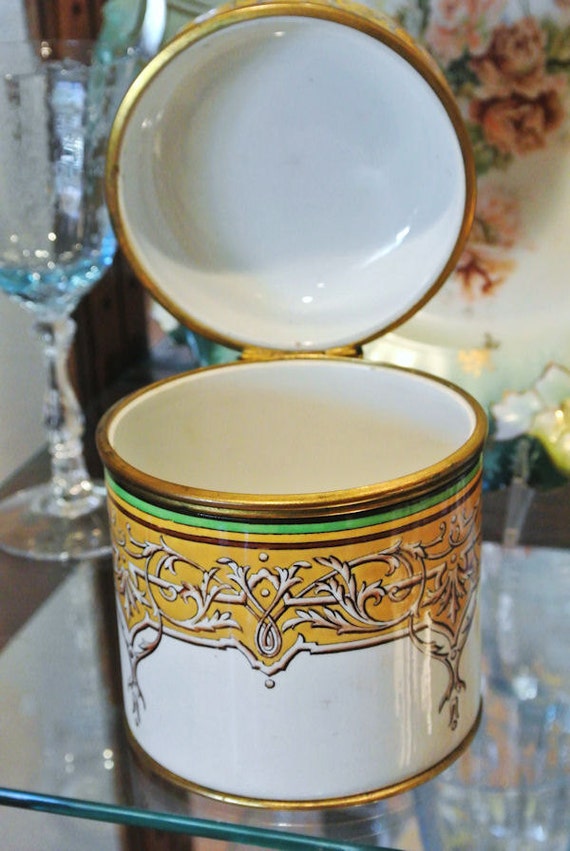 19th Century Antique French Faience Sarreguemines 1800s Lidded Jar France Porcelain Earthenware Elegant Paris Apartment Cottage Decor
