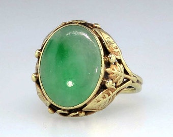 Perfect Arts & Crafts Natural Green Jade Ring 14k