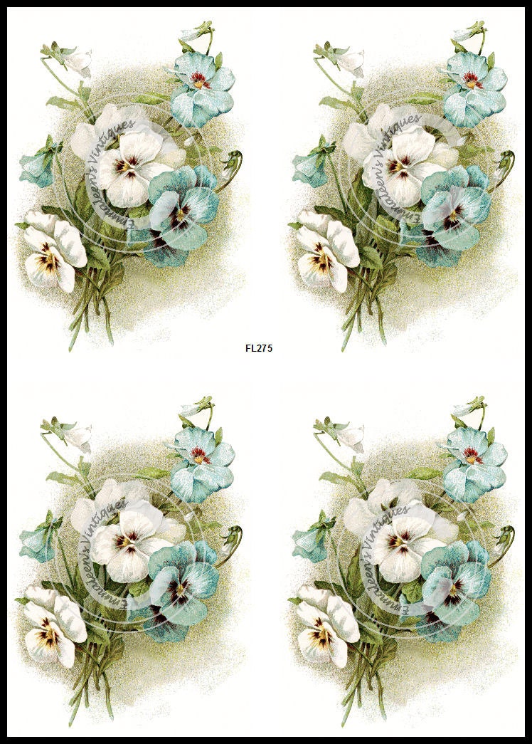 Vintage Shabby Antique Blue and White Pansies Waterslide DecalsFL275