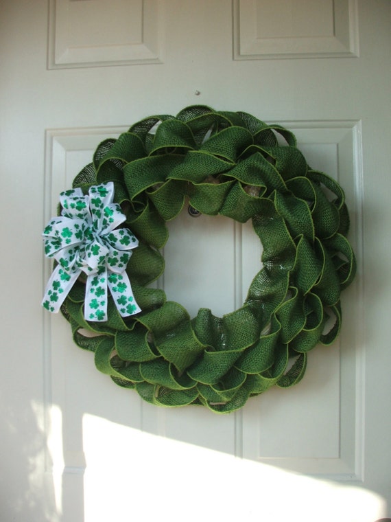 St. Patricks Day Burlap Wreath with Shamrock Bow