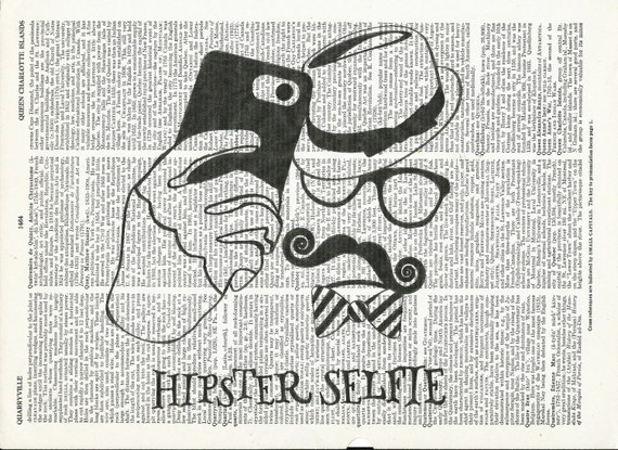 Illustration of Hipster Selfie on Upcycle Vintage Page Dictionary Art Print Book Print Art Print Collage Print