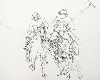 Polo players, Print of the original, Wall art, A3, Limited edition, Black & White, Ink drawing, Men s gift, Sports, Horses, Cosé Manzano