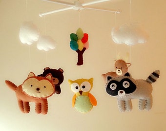 Baby crib mobile, forest mobile, animal mobile , felt mobile "Forest friends 7" - Owl, Raccoon, Bear, Deer, Fox
