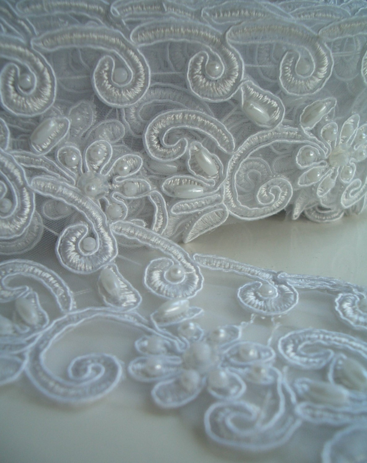 Wedding Lace Trim in White with beaded floral pearl design.