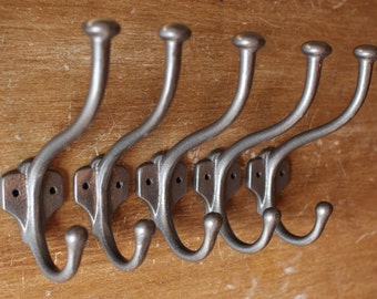 5 x Antique Coat Hooks - Wall Decorative Entryway Cast Iron Rustic Metal Victorian Vintage Shabby Double Hat & Coat Hooks ~ UK MADE (CH11x5)