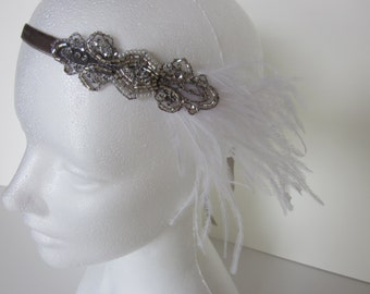 Ostrich Feather Headband, Great Gatsby de plumes d'autruches Gris beige noir bandeau cheveux, sere tete robe charleston, great gatsby, 1920s