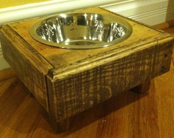 Reclaimed pallet furniture dog bowl stand 10" l X 10" w X 5" t chestnut finish 2 quart bowl