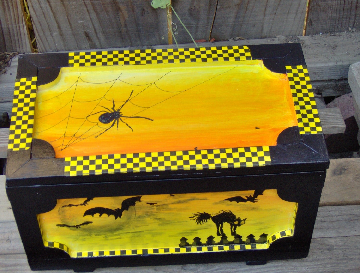 Hand painted folk art halloween themed box vintage style