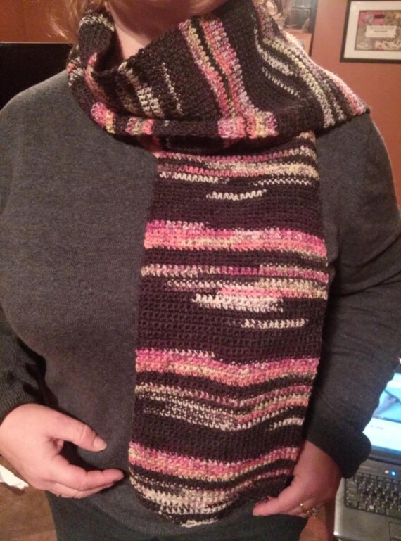 Crochet Fine Yarn Varigated Scarf in blacks reds whites