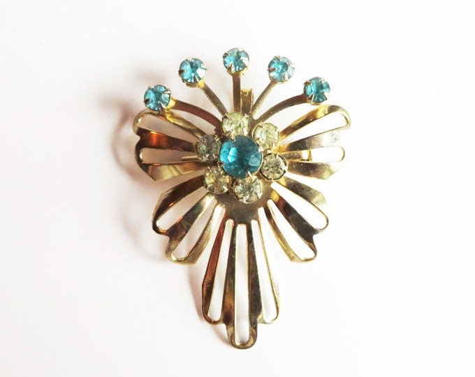 Vintage Rhinestone Pendant Brooch, Gold Tone Blue and White Rhinestone Flower Pin, Pendant