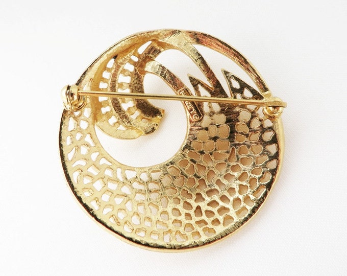 Circle Pin, Vintage Monet Brooch, Goldtone Circle Brooch, Openwork Swirl Pin, Signed Monet Vintage Jewellery, Gift for Her