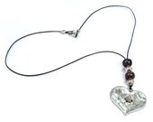 Large Silvertone Heart Necklace Jewelry Charm Pendant Leather Chain Sliver Tone & Horn Beads