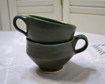Vintage Hand Made Pottery Cups Set of 2 Green Teal Signed Lockett PanchosPorch