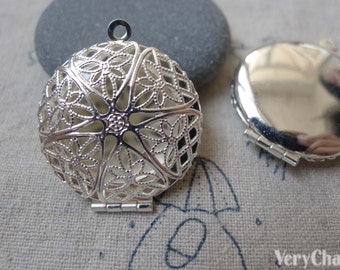 Locket, Silver Photo Locket, Filigree Round Pendants 27mm Set of 5 pcs A7147