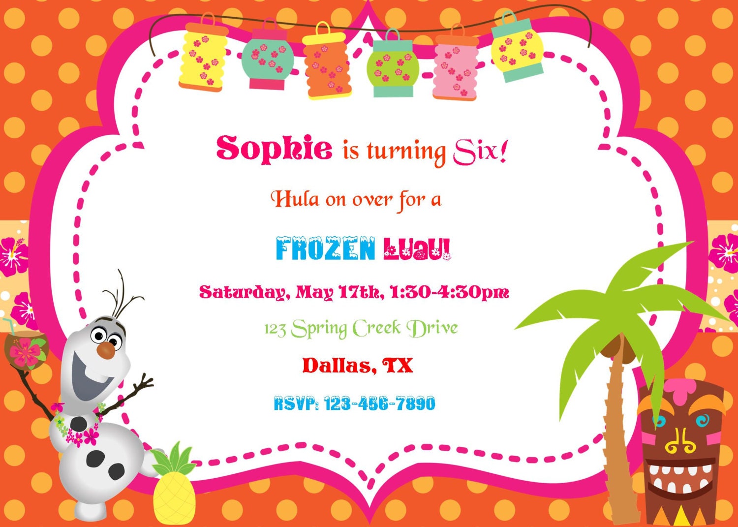 Frozen Olaf luau summer Invitation Birthday Party Baby Shower
