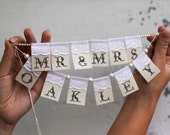 Mr. Mrs.and YOUR name Personalized Сustom Lace Wedding Cake Topper Banner with pearls and burlap