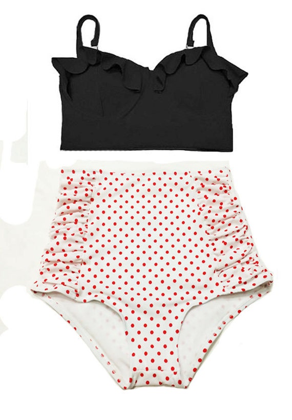 Black Midkini Bra Top and White Red Polka Dot by venderstore