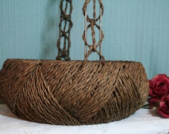 Antique, vintage , wicker , woven, twine, rope, metal , wood , wire, basket with handle, large 14 1/2" round, basket , serving basket