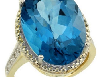 10K Yellow Gold Diamond Natural London Blue Topaz Ring Oval 18x13mm, 3 ...