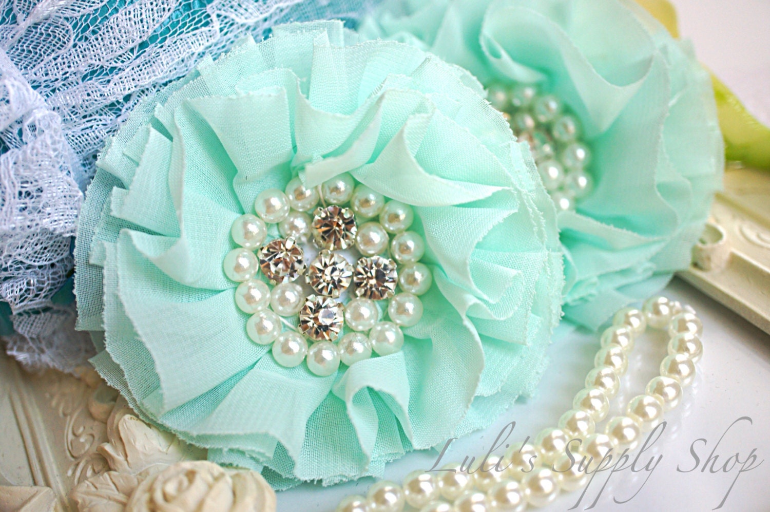 Set of 2 Mint Beaded Fabric Flowers Mint Fabric Flower