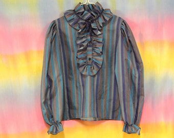 70s vintage Blouse Striped Ruffle Puff sleeve Dress Top Vtg 1970s Shirt ...