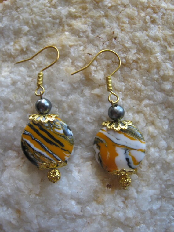 Handmade Gold Hook Earrings with Striped Agate Coin & Black Pearl by IreneDesign2011