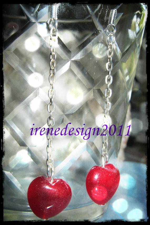 Handmade Silver Earrings with Chain & Ruby Hearts by IreneDesign2011