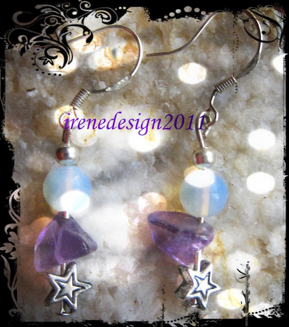 Beautiful Silver Hook Earrings with White Opal, Amethyst & Star by IreneDesign2011