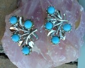 Pastel Baby Blue Turquoise Color Floral Clip On Earrings In A Slivertone Design