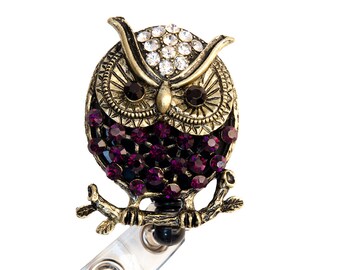 New Custom Merlot Owl Rhinestone Retractable Badge Reel/ Rhinestone Badge Holder