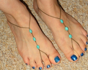 Bronze turquoise barefoot sandals, Turquoise barefoot sandals, Ankle slave foot, Barefoot sandals UK, Bare foot sandals