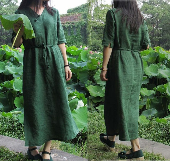 165Linen Green Dress Modified Chinese Cheongsam Dress by EDOA