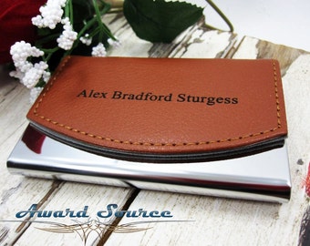 Business Card Holder -Custom Engraved Personalized Brown Genuine Leather Business Card Holder - Choose your own Font - Up to 2 Lines of Text