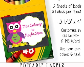 Back to School Editable Printable Labels Cute Chalkboard Girl Owl First Day of School Printable Name Labels School Stickers School Supplies